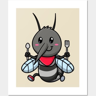 Cute Mosquito Holding Spoon And Fork Cartoon Posters and Art